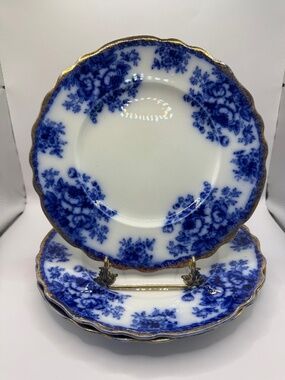 Till and Sons Blenheim Waldorf Antique Blue Flow Plates and Bowl w/ Gold Trim